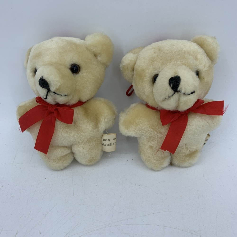 Vintage 90's Christmas Tree Ornaments Decor Teddy Bears Plush 4" Set Of 2
